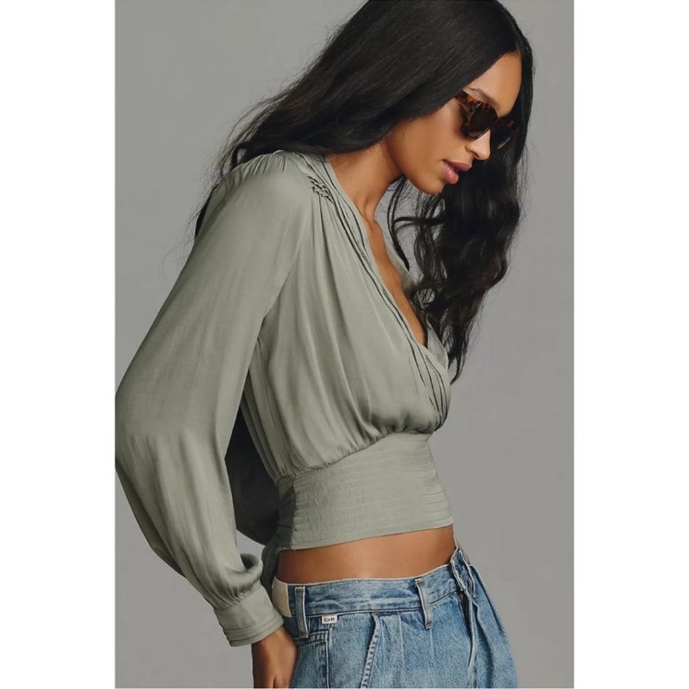 By Anthropologie tie waist blouse moss green shirred waist deep v long sleeve